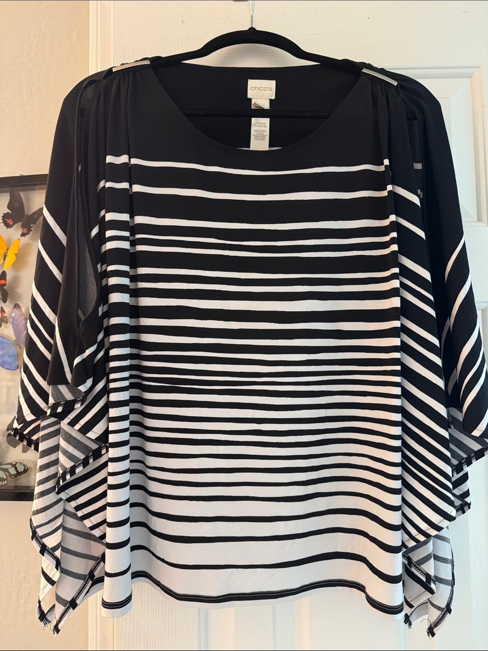 Chico's Black & White Striped Cold Shoulder Top